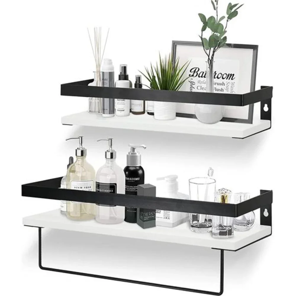 Bathroom Floating Shelves for Wall, White Wall Storage Shelves with Towel Bar